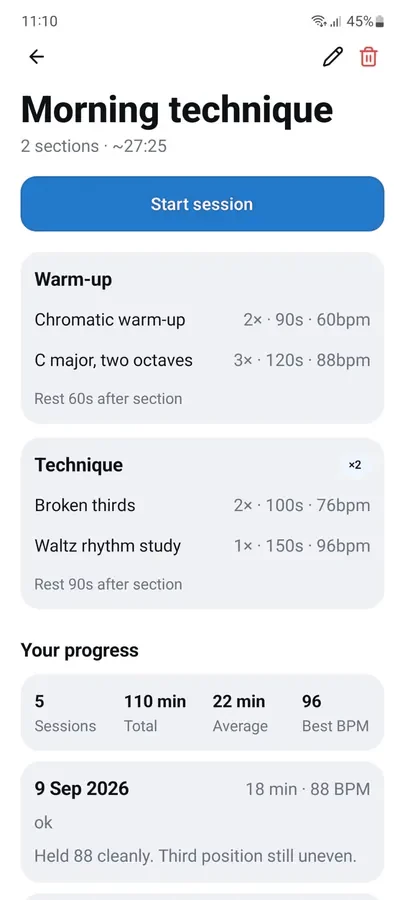 A routine's sections, exercises, rests and practice history