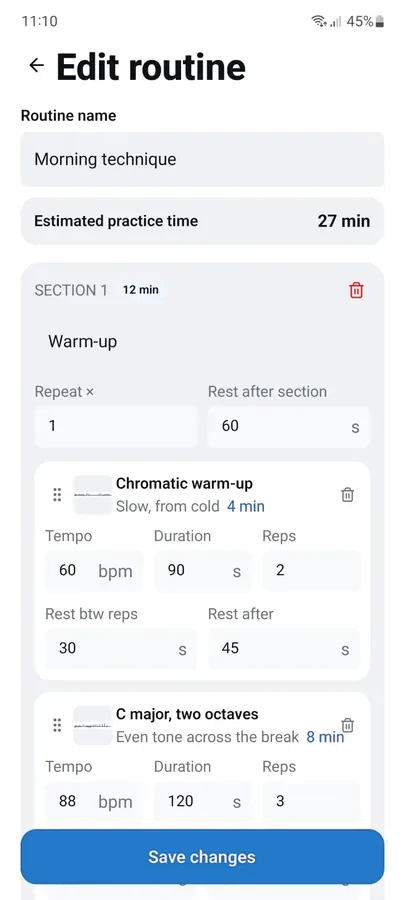 The routine builder, showing the estimated practice time