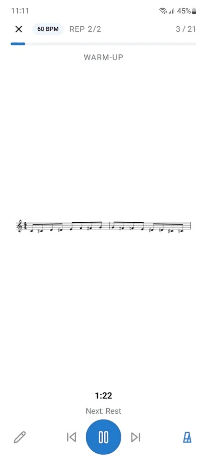 A routine in progress: the excerpt, the tempo and the timer