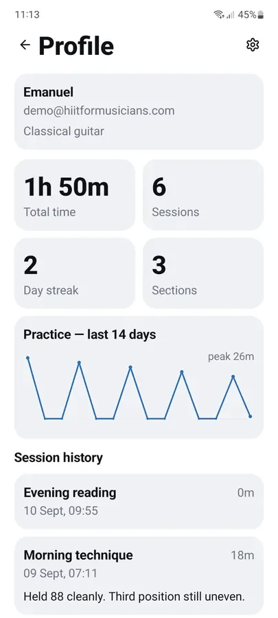 The profile screen: totals, streak and the last fortnight