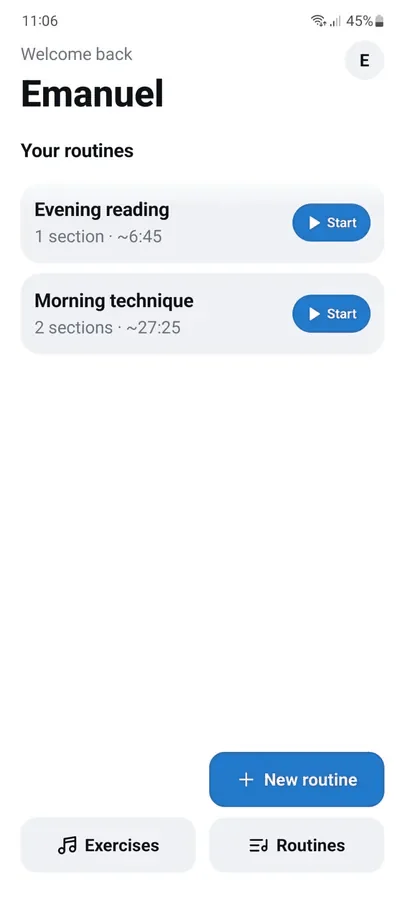 The home screen, with each routine's running time