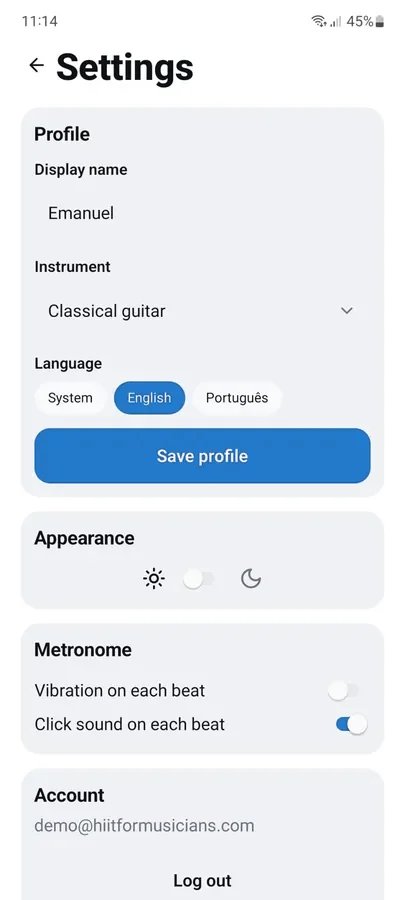 Settings: instrument, language, theme and metronome