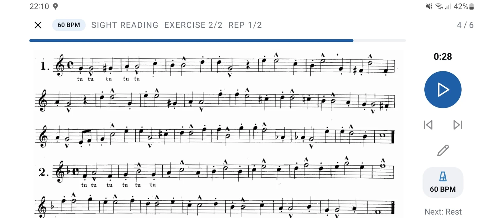 A routine running in landscape, with a full page of music on screen