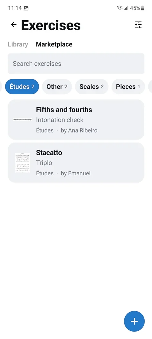 The marketplace, showing exercises shared by other musicians